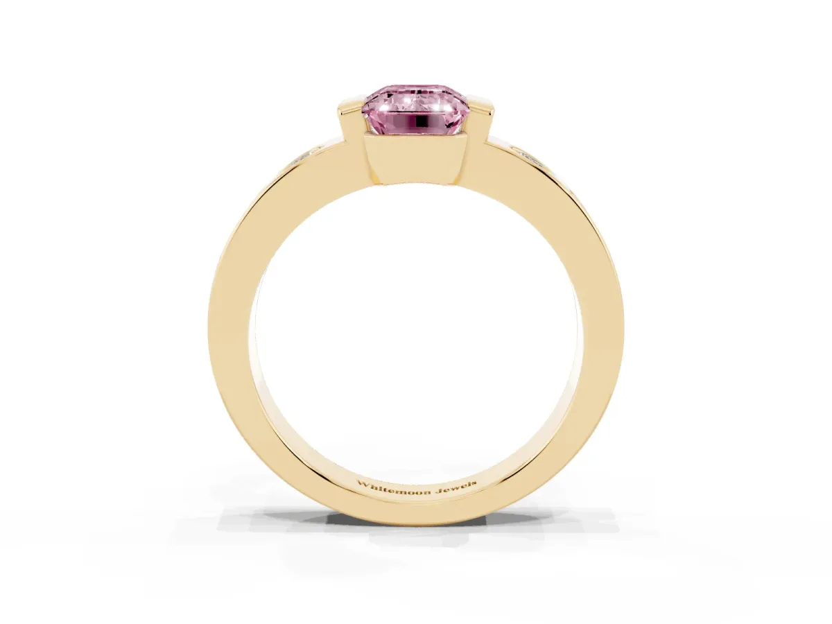 Fancy Pink Emerald Cut Brilliant Channel-Set Diamond Ring with Bezel Prong Setting Yellow gold