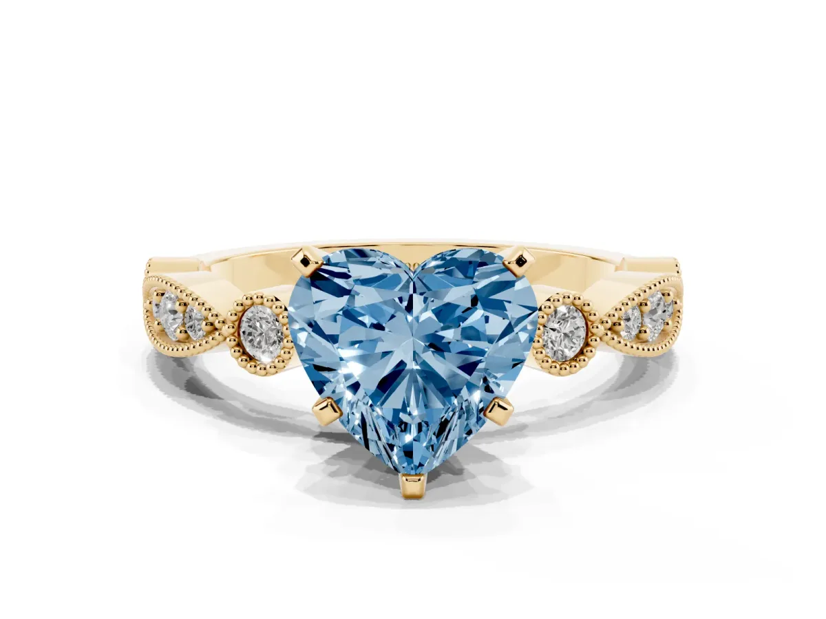 Fancy Blue Heart Cut Milgrain Bezel Diamond Engagement Ring with Solitaire Prong Setting Yellow gold