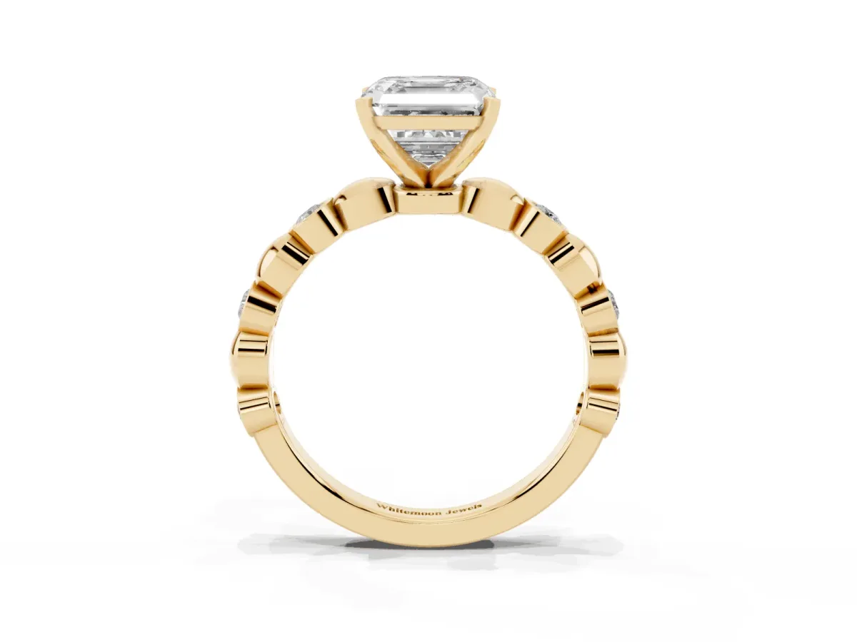 Asscher Cut Solitaire Bezel-Set Diamond Ring with Beaded Band and Four-Prong Setting Yellow gold