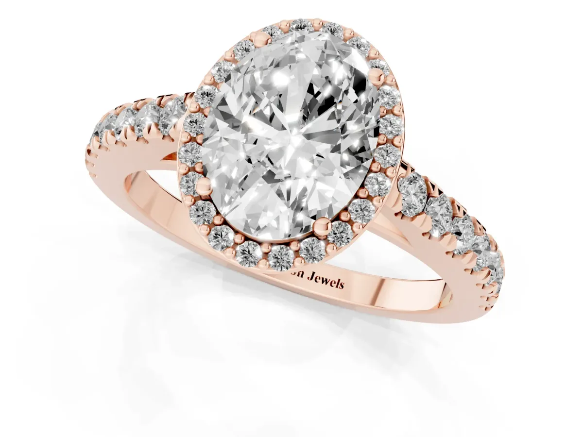 Oval Cut Cut Halo Diamond Engagement Ring with Pave Band and Four-Prong Setting Rose gold