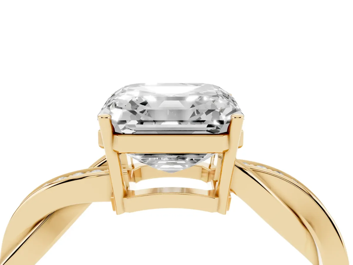 Asscher Cut Solitaire Twisted Pave Diamond Ring with Four-Prong Setting Yellow gold