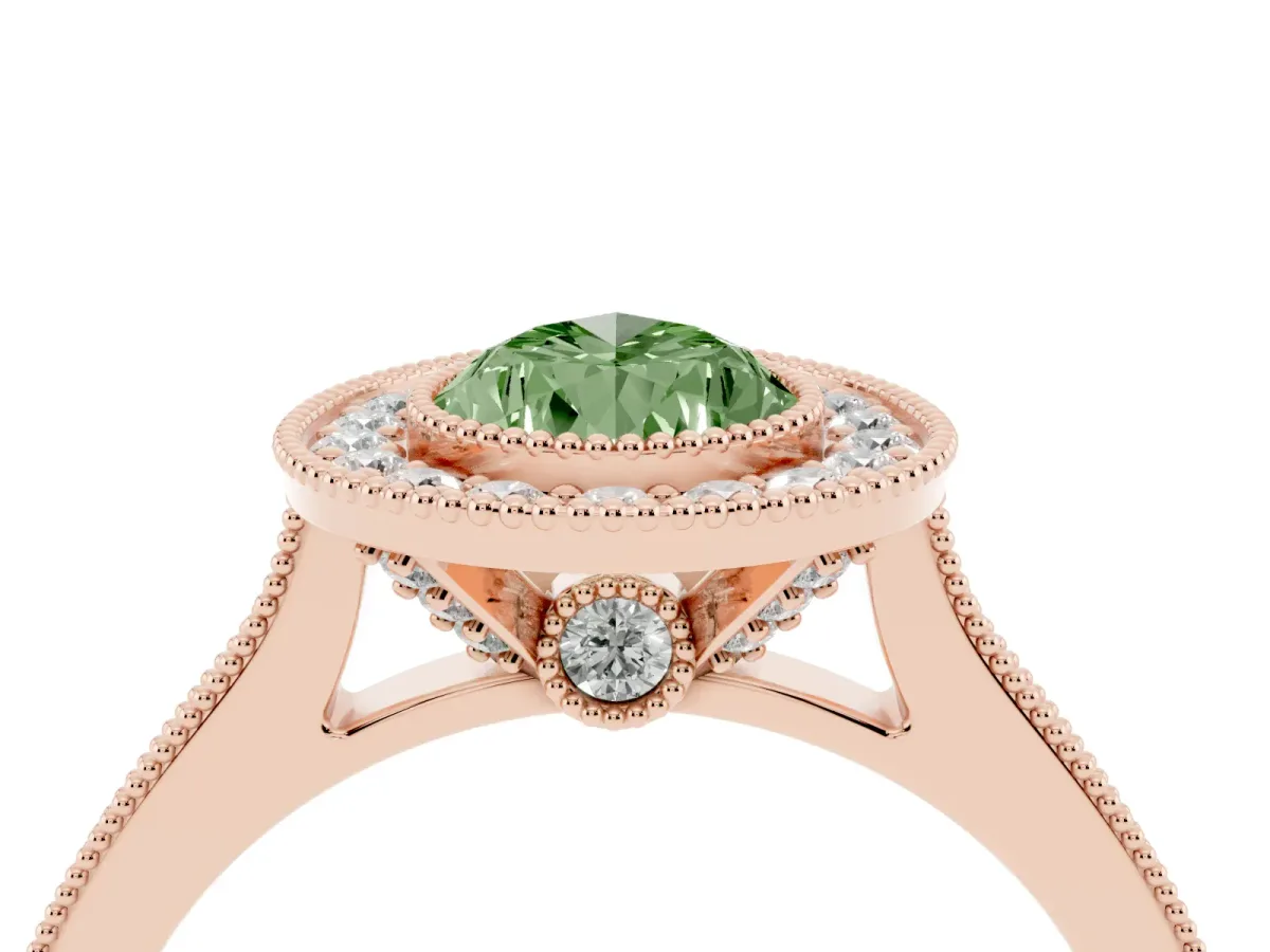 Fancy Green Halo Pear Cut-Cut Diamond Pave Band Milgrain Prong Setting Ring Rose gold