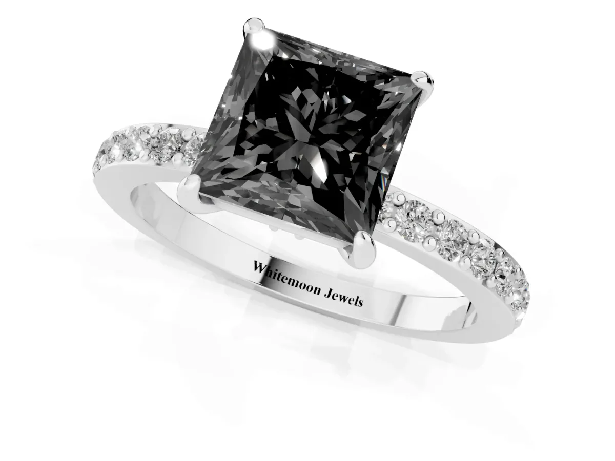 Fancy Black Princess Cut Diamond Pavé Engagement Ring with Round Accents and Prong Setting Silver