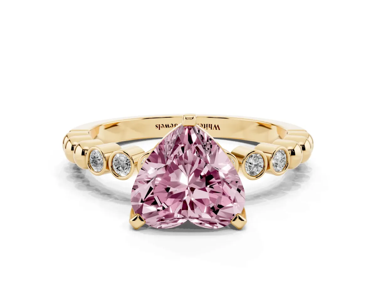 Fancy Pink Heart Cut Solitaire Bezel Accent Diamond Engagement Ring with Beaded Band and Four-Prong Setting Yellow gold
