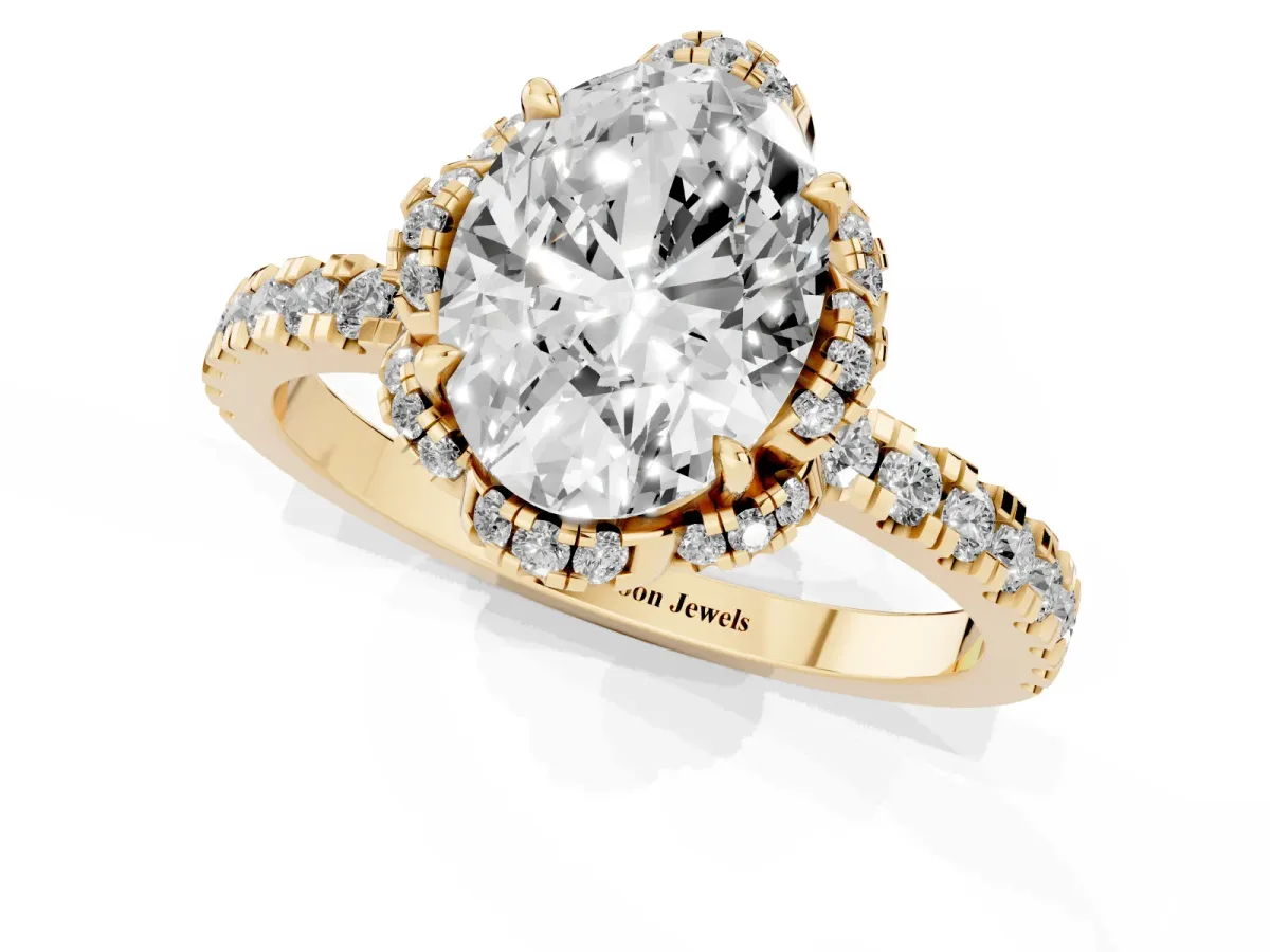 Oval Cut Diamond Halo Pave Band with Four-Prong Setting Yellow gold
