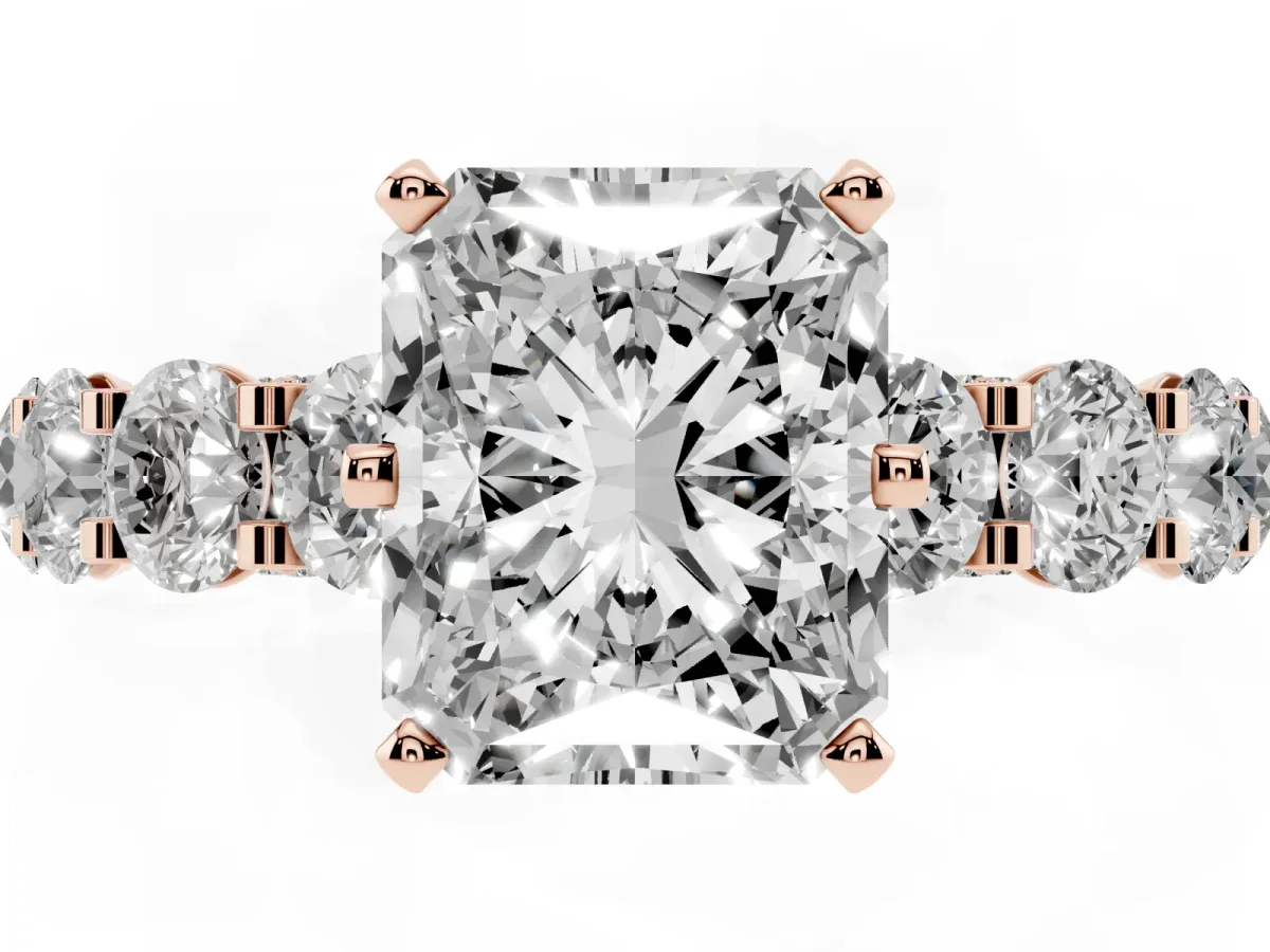 Radiant Cut Diamond Side Stone Engagement Ring with Four-Prong Setting Rose gold