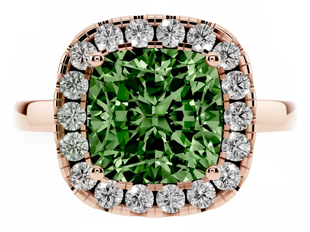 Fancy Green Cushion Cut Halo Diamond Solitaire with Pavé Band and Four-Prong Setting Rose gold