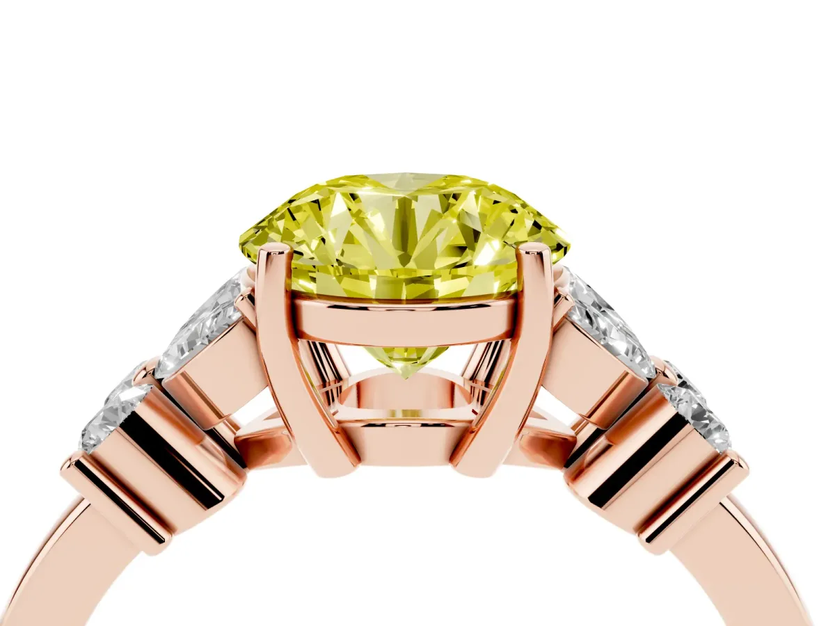Fancy Yellow Round Cut Diamond Floral Cluster Ring with Solitaire Band and Prong Setting Rose gold