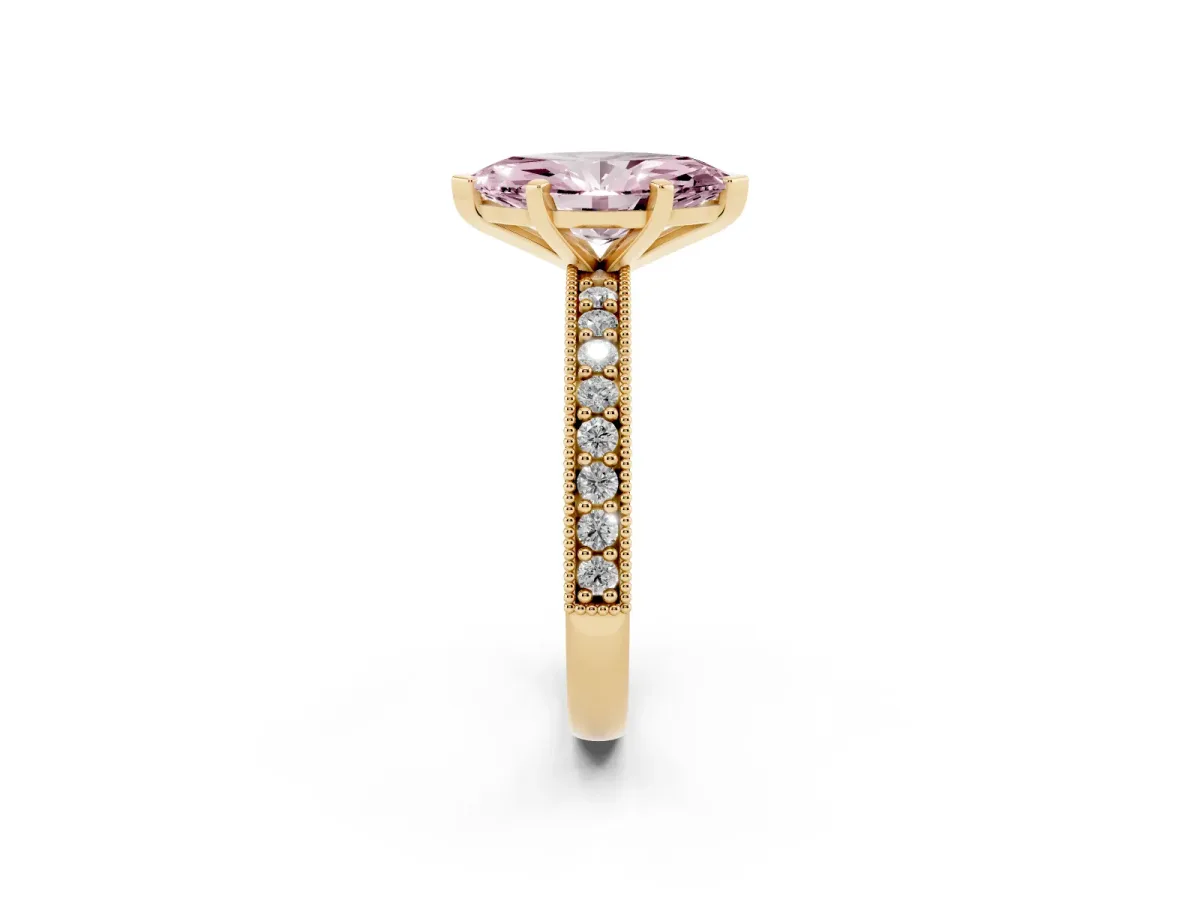 Fancy Pink Marquise Cut Diamond Milgrain Pavé Engagement Ring with Four-Prong Setting Yellow gold