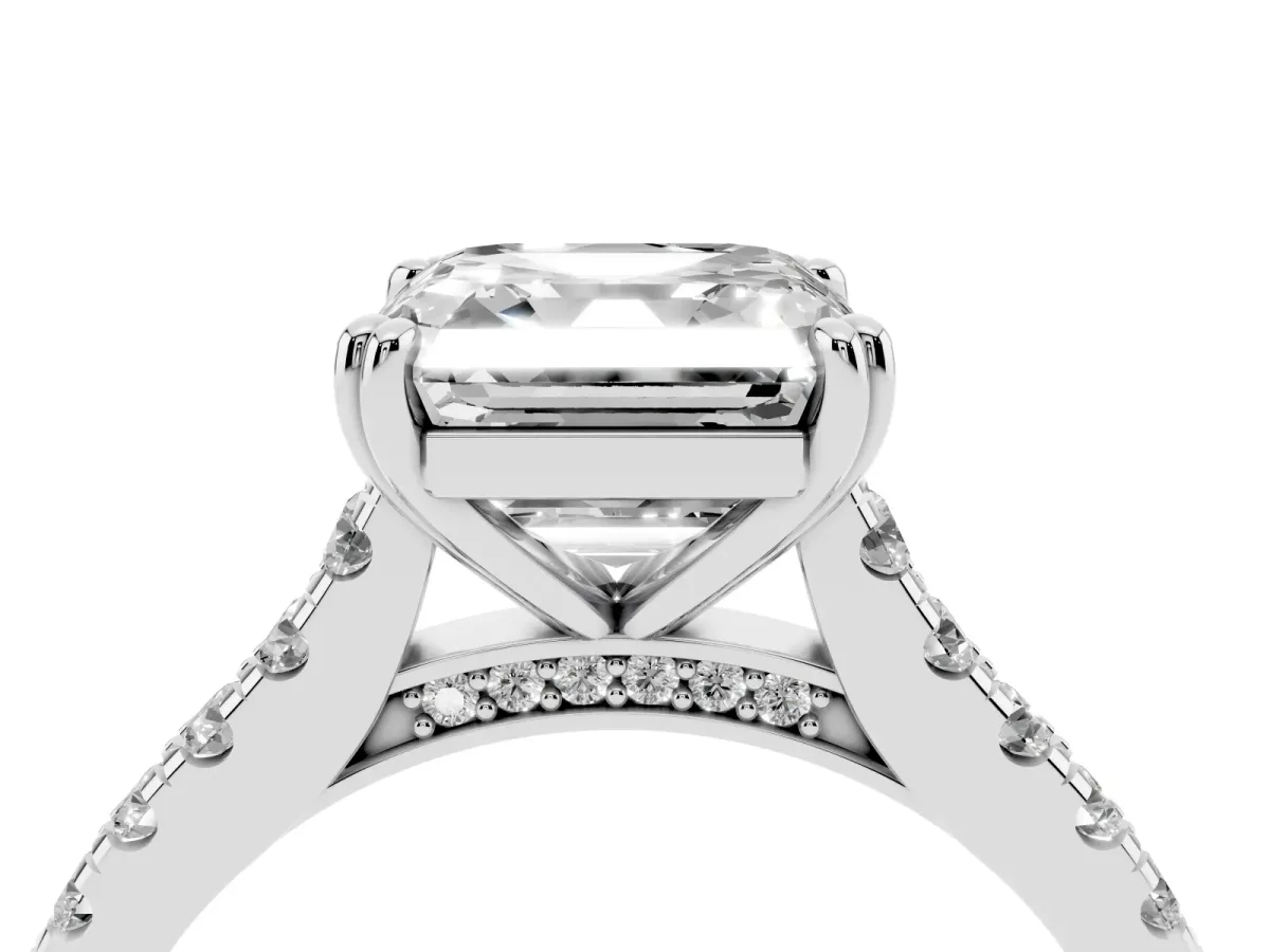 Asscher Cut Solitaire Pave Diamond Engagement Ring with Prong Setting Silver