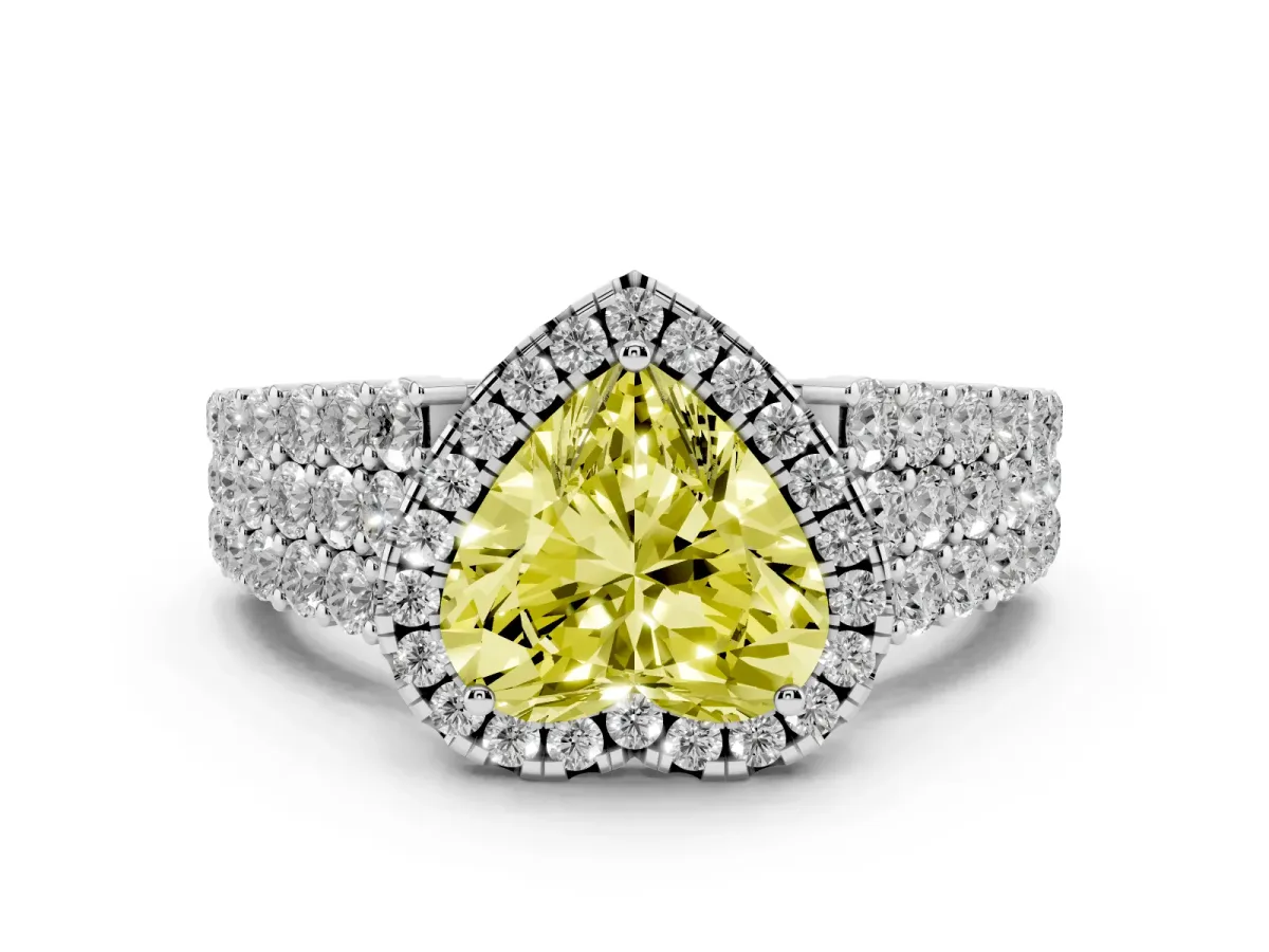Fancy Yellow Heart Cut Diamond Halo Engagement Ring with Triple Row Round Pavé Band and Prong Setting Platinum