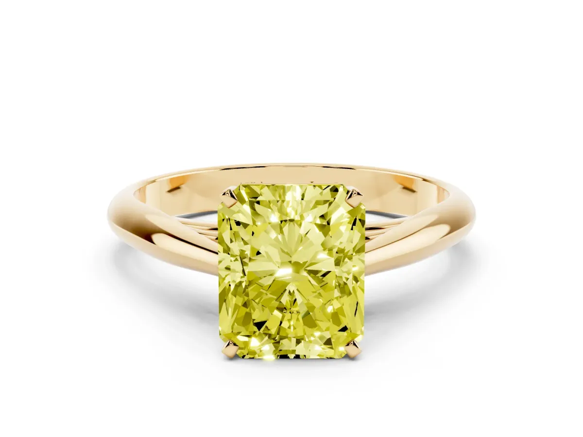 Fancy Yellow Radiant Cut Diamond Solitaire Engagement Ring with Cathedral Setting and Four-Prong Mount Yellow gold