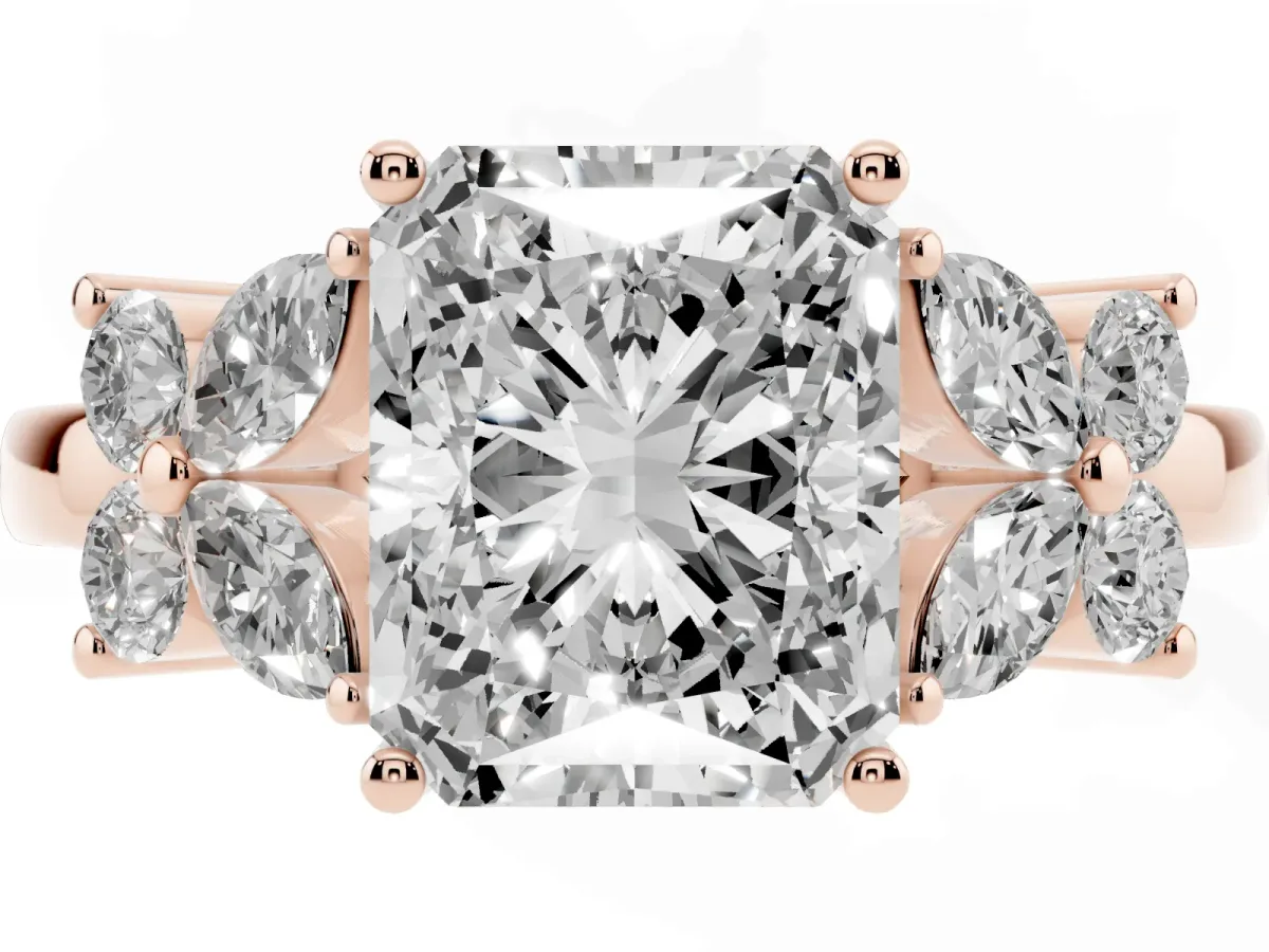 Radiant Cut Diamond Floral Cluster Ring with Solitaire Band and Prong Setting Rose gold
