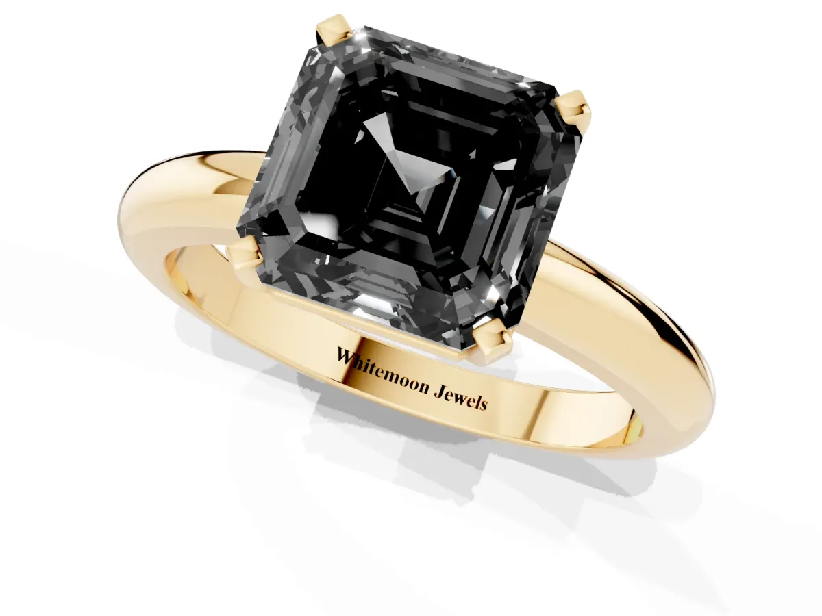 Fancy Black Asscher Cut Diamond Solitaire Engagement Ring with Round Band and Four-Prong Setting Yellow gold