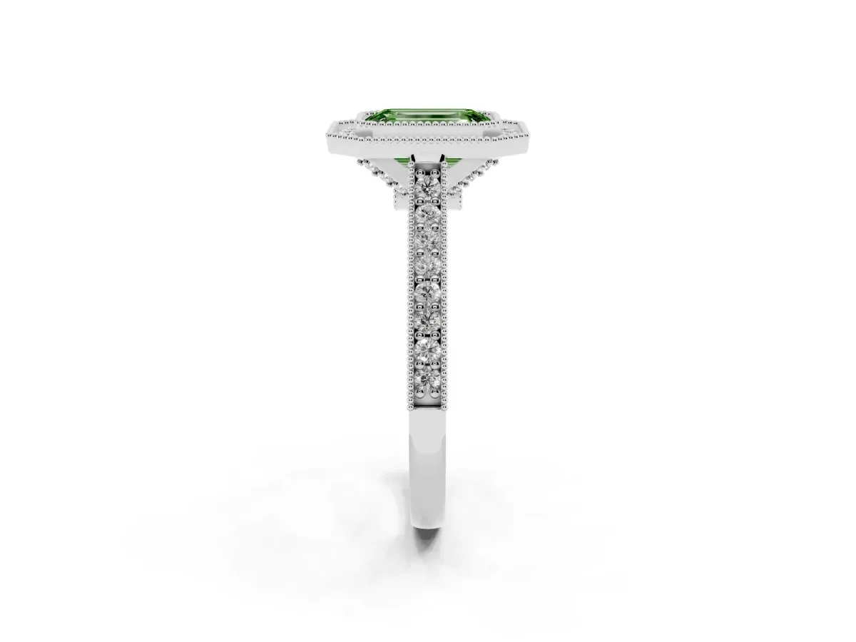 Fancy Green Halo Emerald Cut-Cut Diamond Pave Band Milgrain Prong Setting Ring Silver