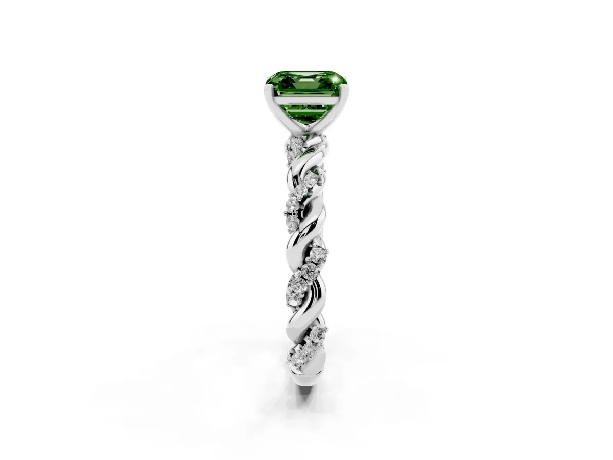 Fancy Green Asscher Cut Diamond Solitaire Ring with Twisted Band and Pavé Accents Silver