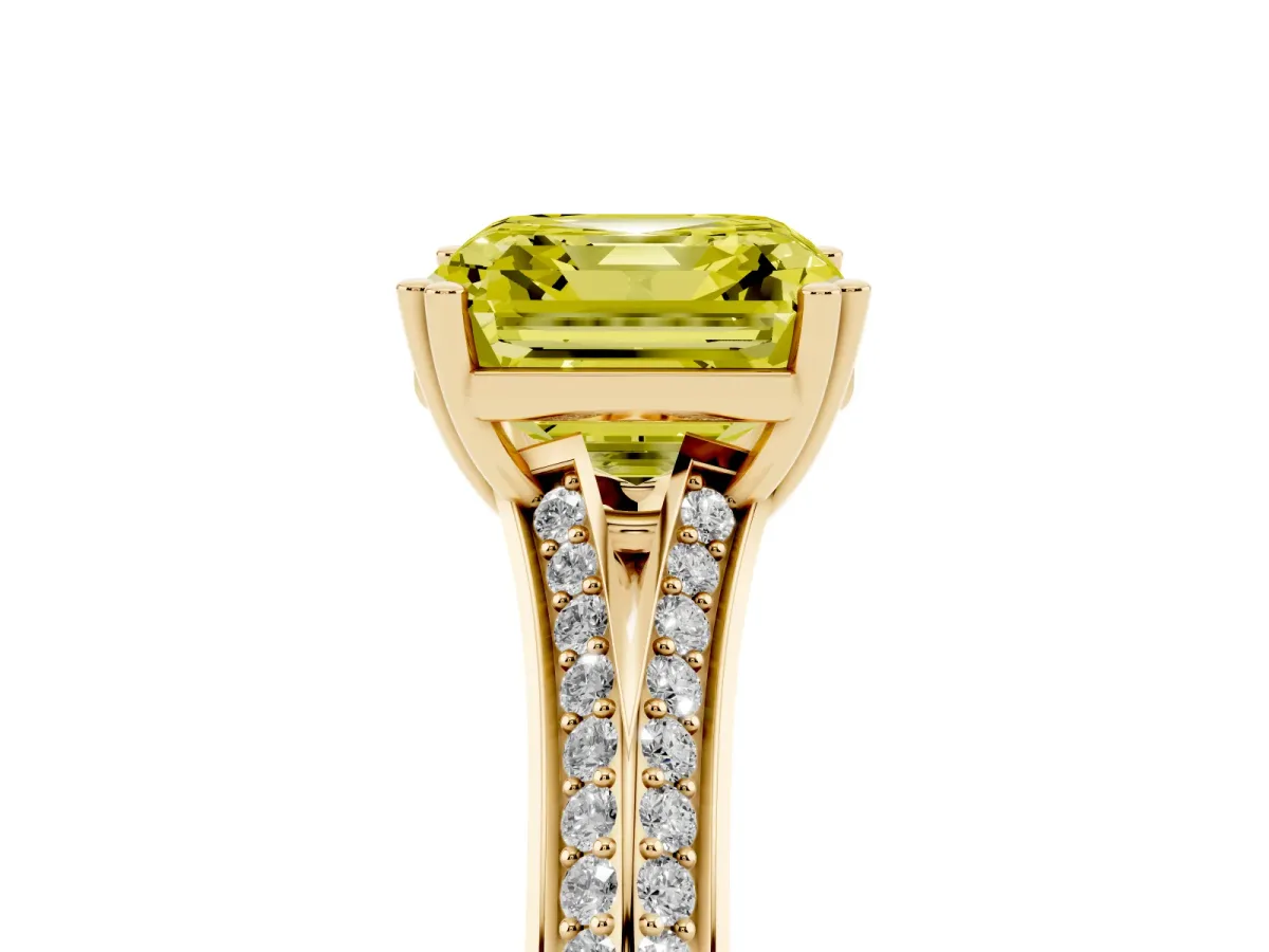 Fancy Yellow Asscher Cut Diamond Split Shank Engagement Ring with Pavé Band Yellow gold