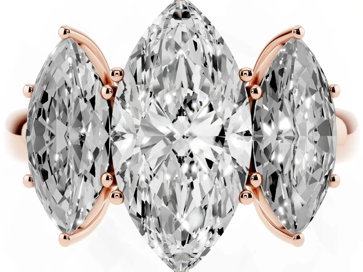 Marquise Cut Diamond Three-Stone Ring with Four-Prong Setting and Classic Band Rose gold