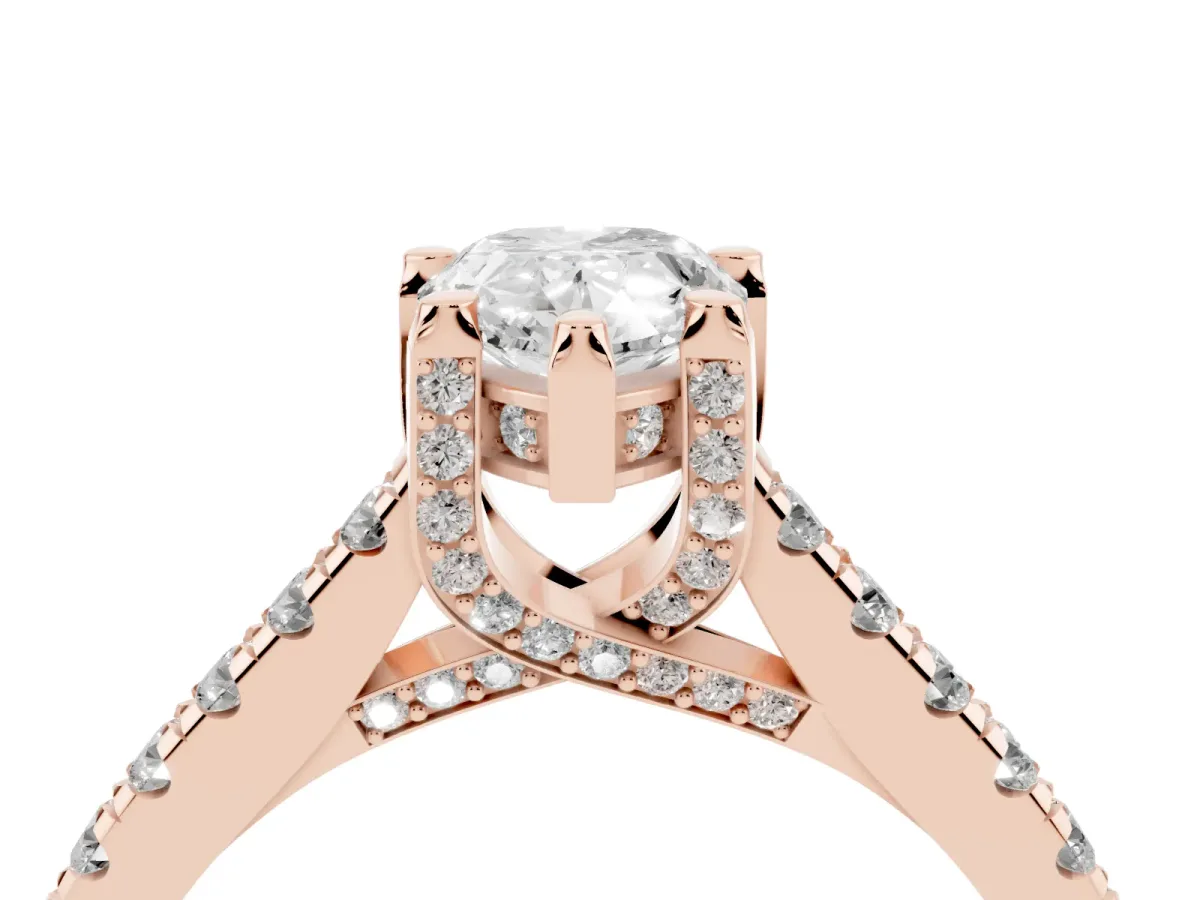 Pear Cut Brilliant Diamond Solitaire with Pavé Band and Four-Prong Setting Rose gold