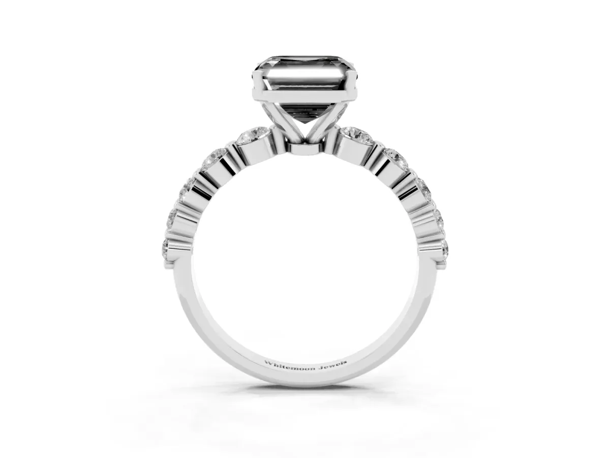Fancy Black Asscher Cut Solitaire Diamond Ring with Pave Band and Four-Prong Setting Silver