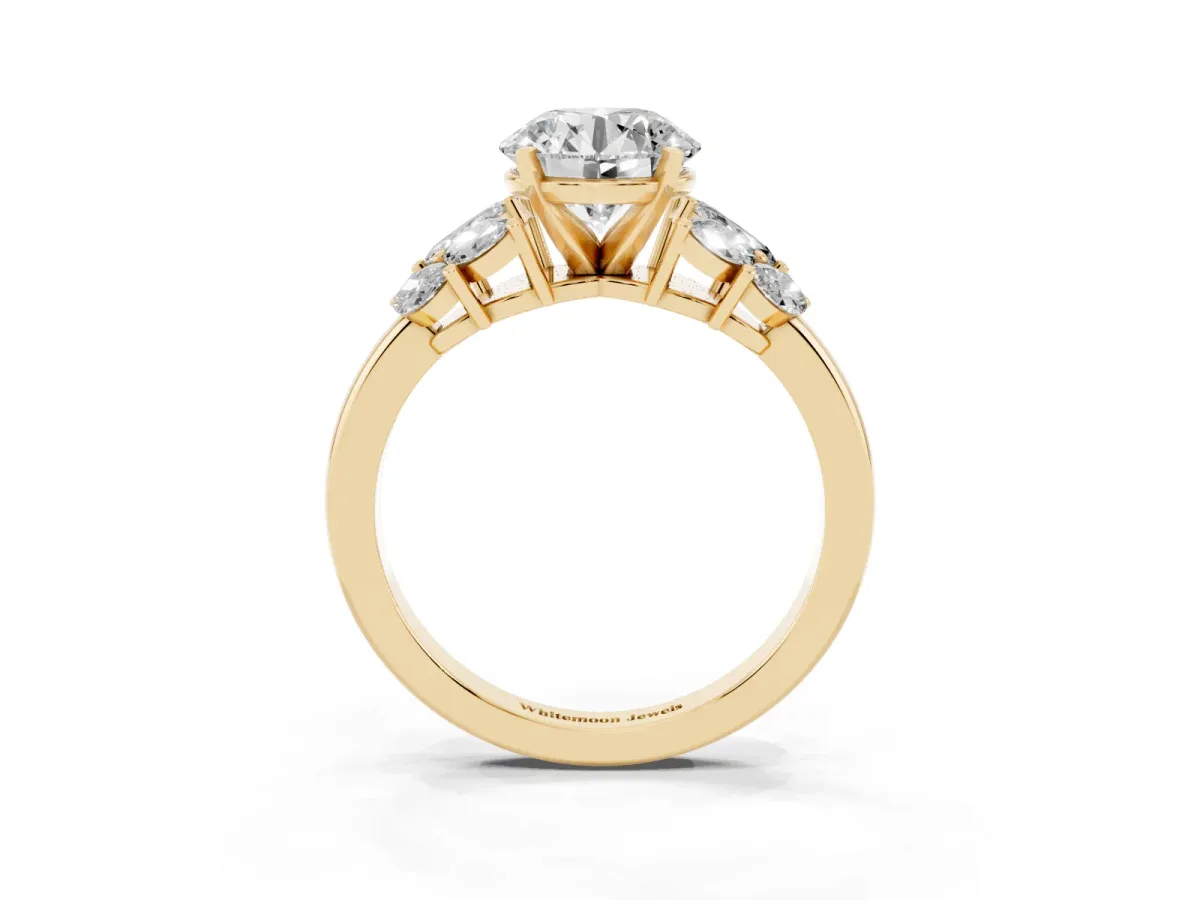 Round Cut Diamond Cluster Leaf Design Ring with Prong Setting Yellow gold