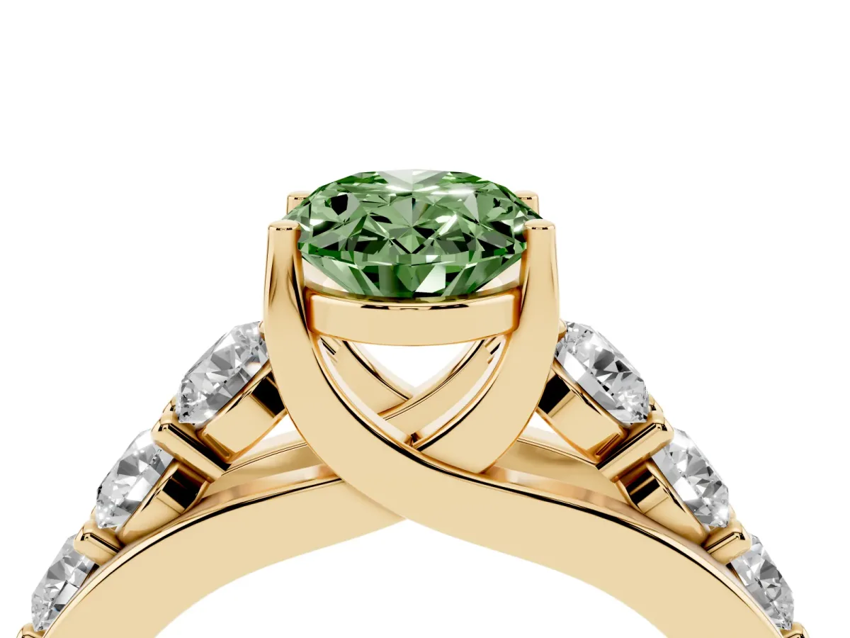 Fancy Green Oval Cut Diamond Engagement Ring with Pavé Band and Four-Prong Setting Yellow gold