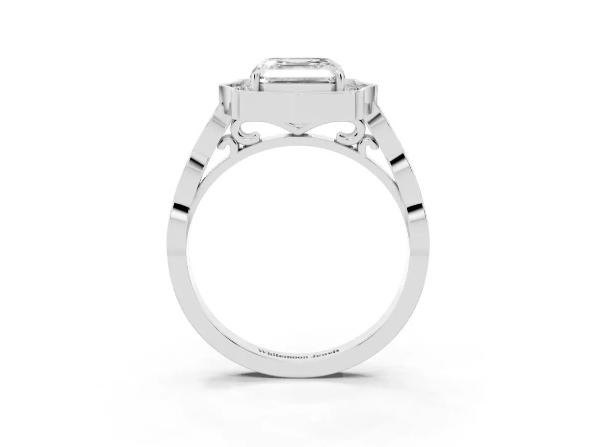 Asscher Cut Halo Diamond Engagement Ring with Milgrain Band and Four-Prong Setting Silver