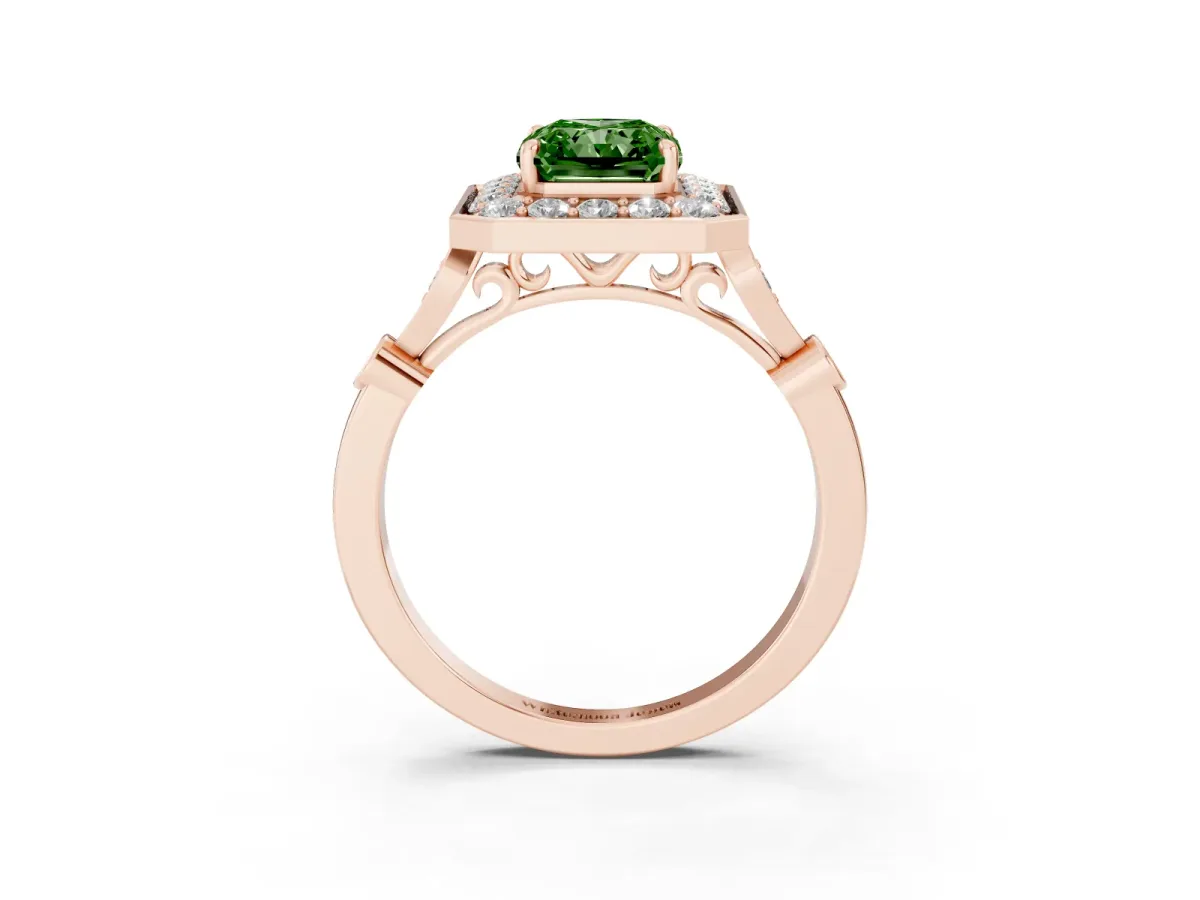 Fancy Green Radiant Cut Halo Diamond Engagement Ring with Twisted Band and Four-Prong Setting Rose gold