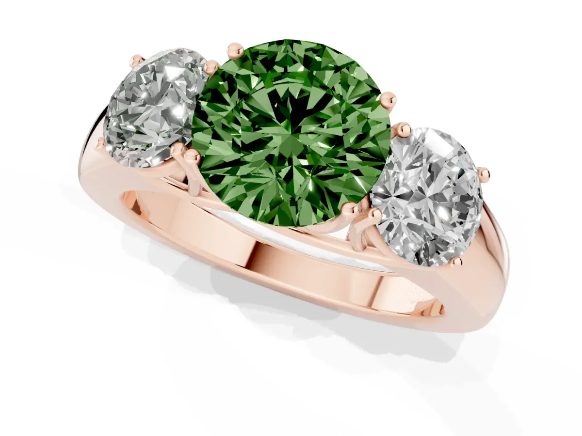 Fancy Green Three-Stone Round Cut Cut Diamond Ring with Prong Setting and Classic Band Rose gold