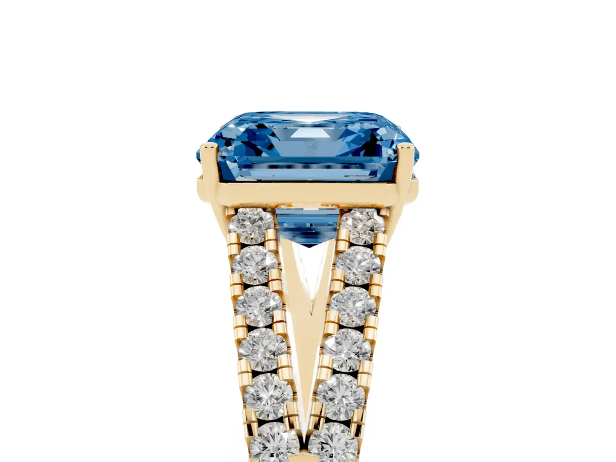 Fancy Blue Asscher Cut Diamond Split Shank Engagement Ring with Round Pavé and Prong Setting Yellow gold