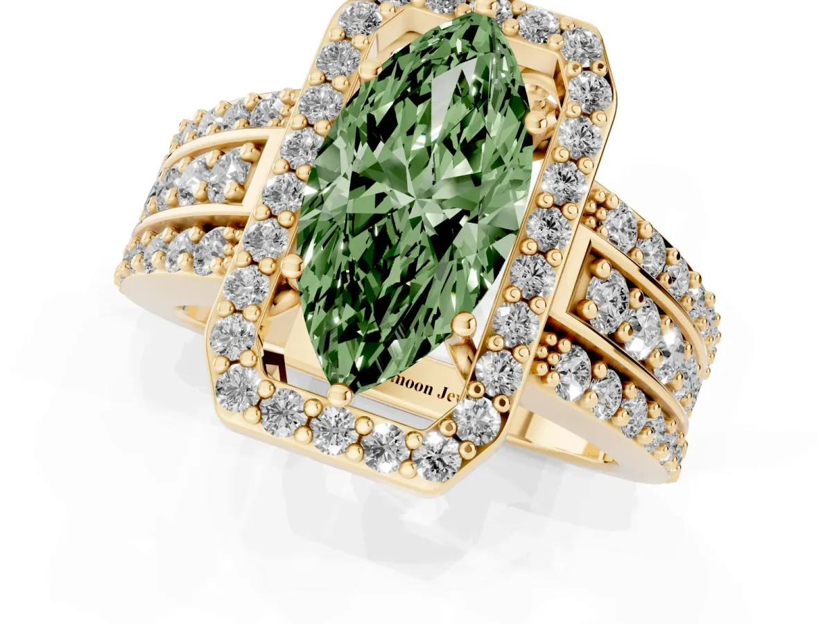 Fancy Green Marquise Cut Halo Diamond Ring with Round Split Shank and Prong Setting Yellow gold