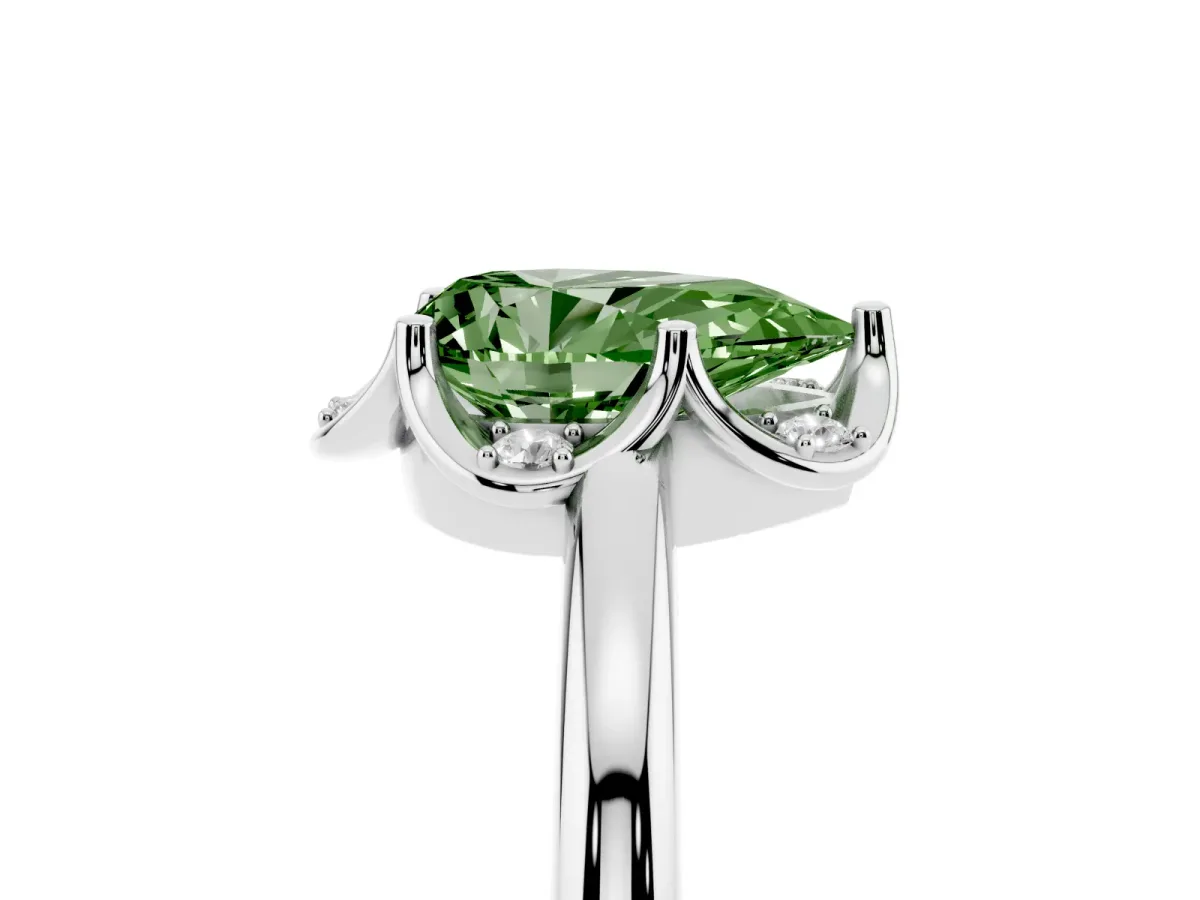 Fancy Green Pear Cut Halo Diamond Ring with Round Cluster Setting, Solitaire Band, and Four-Prong Setting Platinum