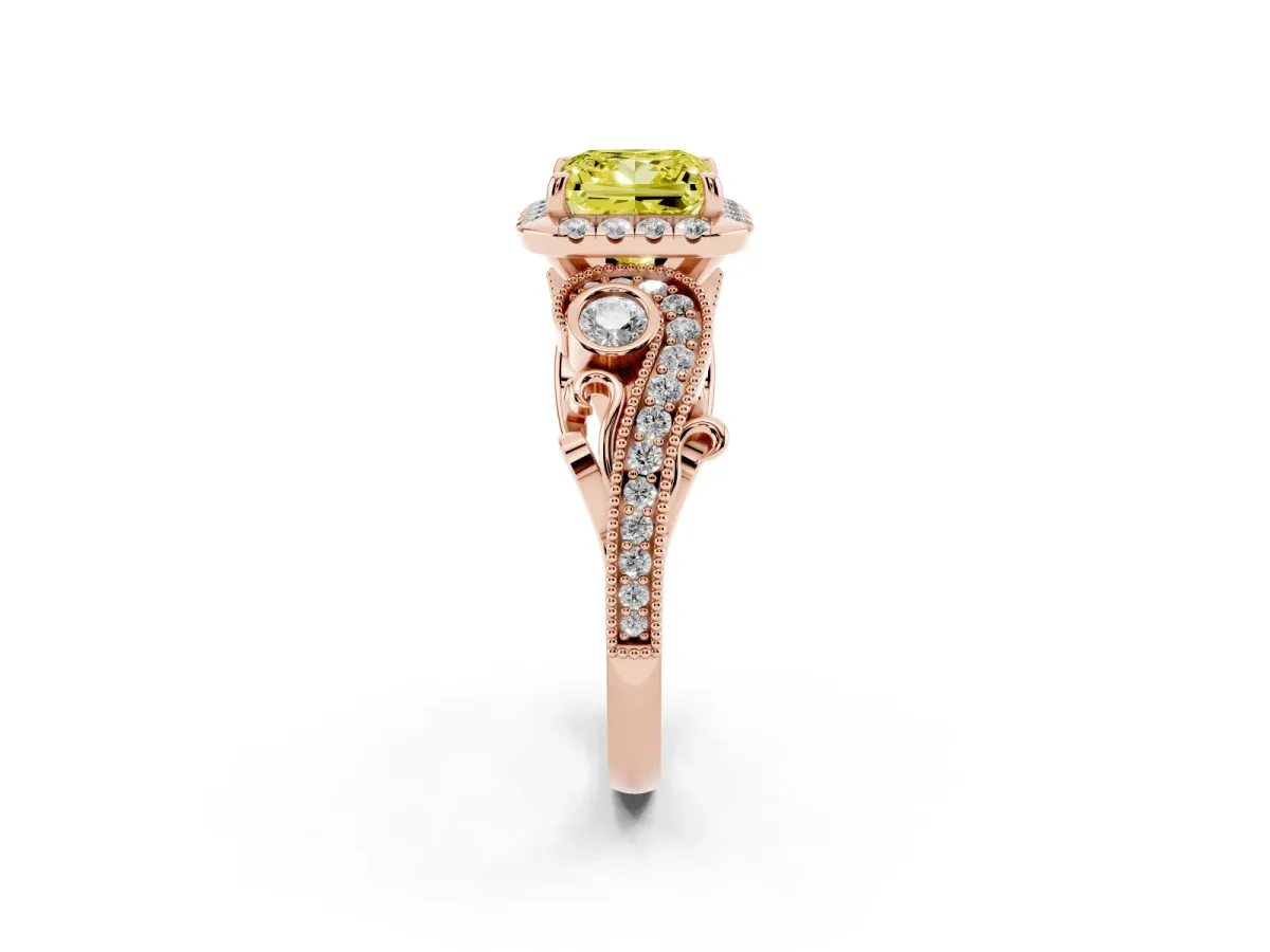 Fancy Yellow Princess Cut Diamond Halo Ring with Milgrain Pavé Band and Four-Prong Setting Rose gold