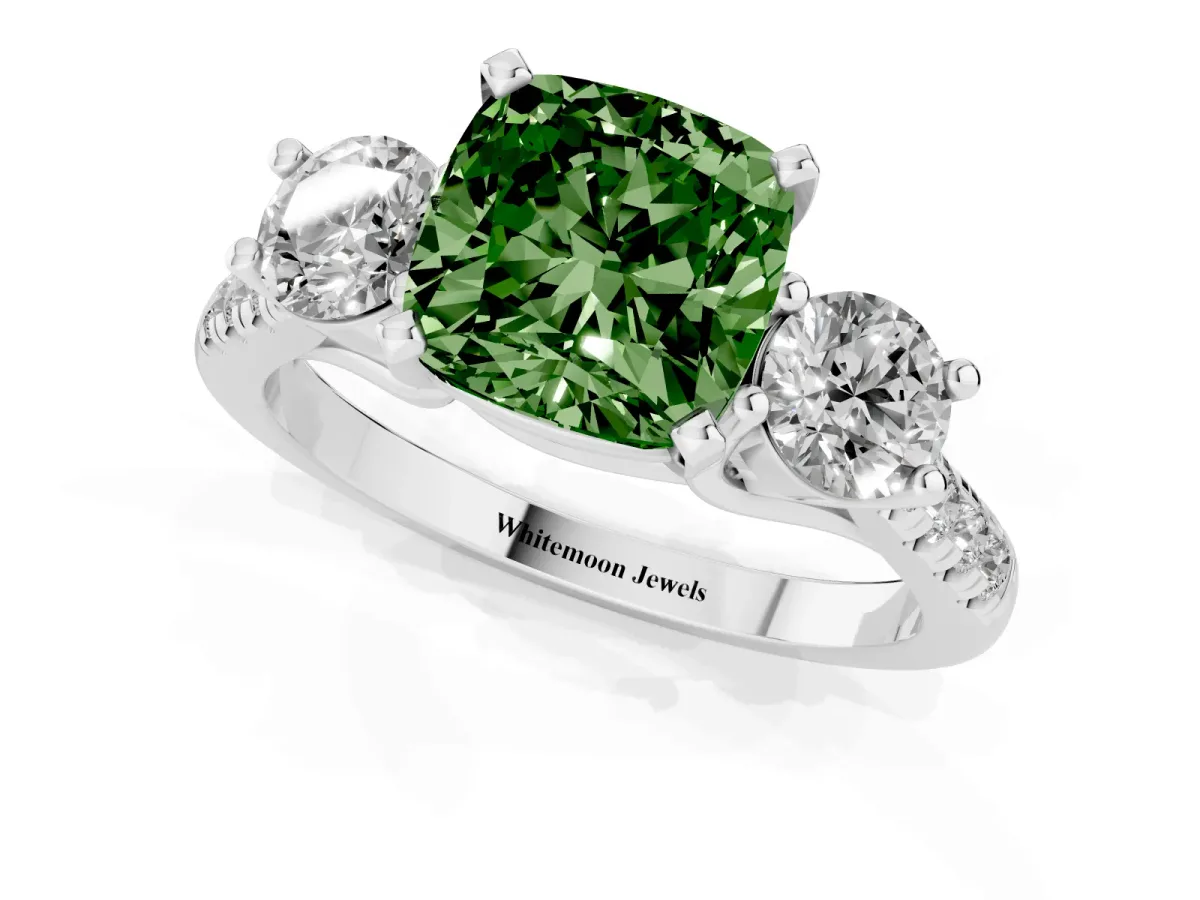Fancy Green Three-Stone Cushion Cut Diamond Pavé Band with Four-Prong Setting Silver