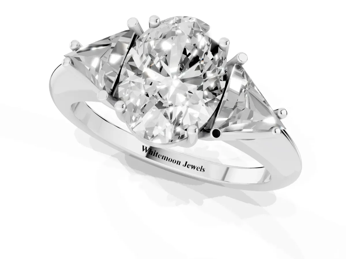 Three-Stone Oval Cut Diamond Engagement Ring with Trillion Side Stones and Prong Setting Silver