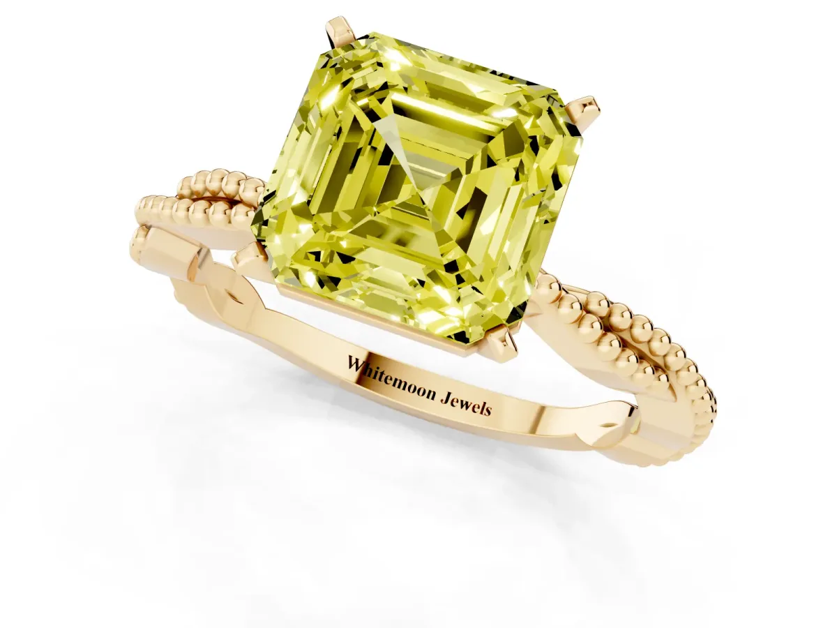 Fancy Yellow Asscher Cut Solitaire Twisted Band with Bead Prong Setting Yellow gold