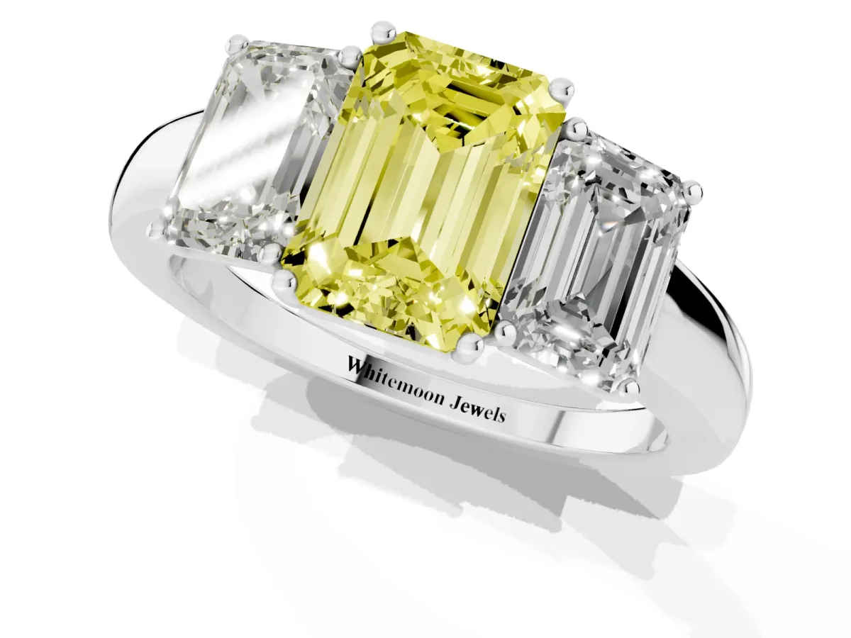 Fancy Yellow Emerald Cut Diamond Three-Stone Ring with Four-Prong Setting and Classic Band Silver