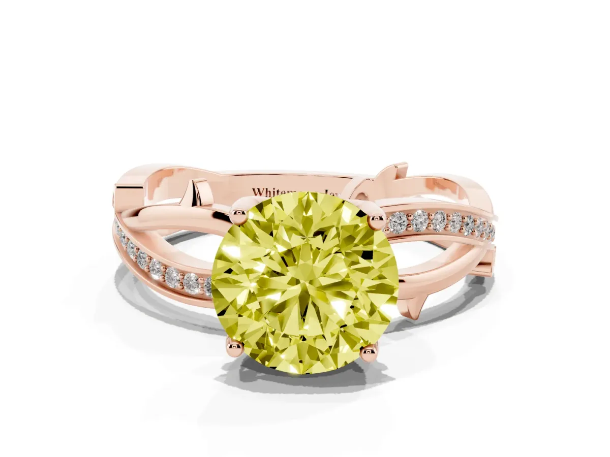 Fancy Yellow Round Cut Solitaire Twist Band with Pavé Accents and Four-Prong Setting Rose gold
