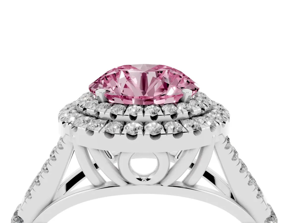 Fancy Pink Round Cut Cut Double Halo Split Shank Diamond Ring with Prong Setting Silver