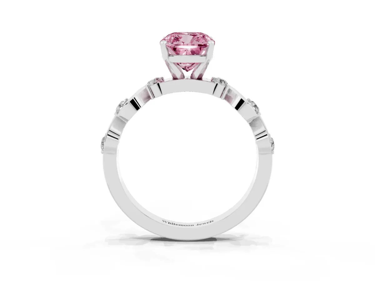 Fancy Pink Cushion Cut Diamond Solitaire Twisted Band with Round Accents and Prong Setting Silver