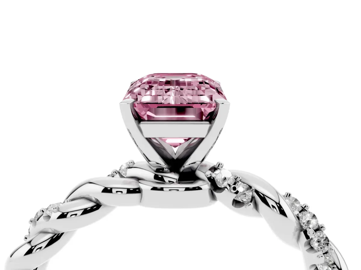 Fancy Pink Emerald Cut Diamond Solitaire Ring with Twisted Band and Pavé Accents Platinum