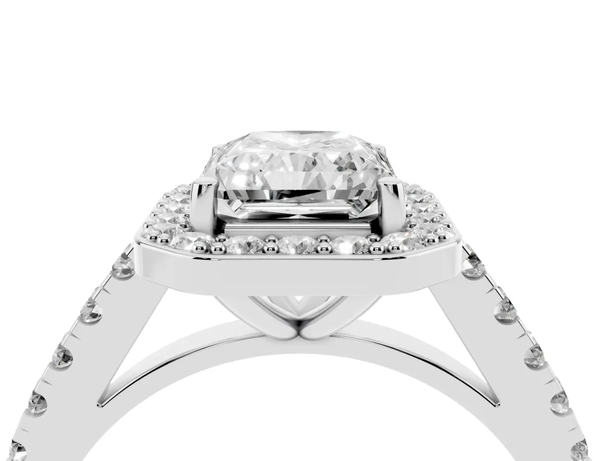 Radiant Cut Diamond Halo Ring with Round Pavé Split Shank and Prong Setting Silver