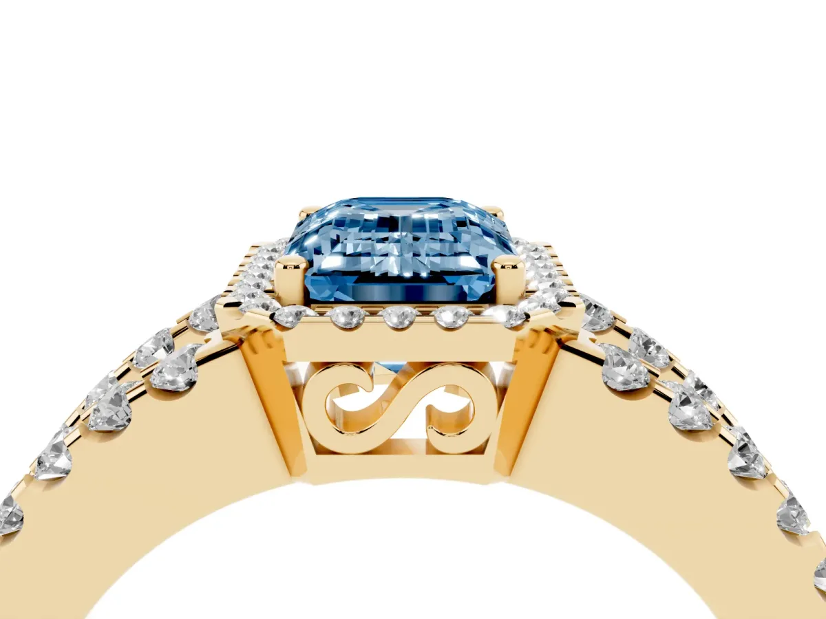 Fancy Blue Emerald Cut Cut Halo Split Shank Diamond Ring with Four-Prong Setting Yellow gold