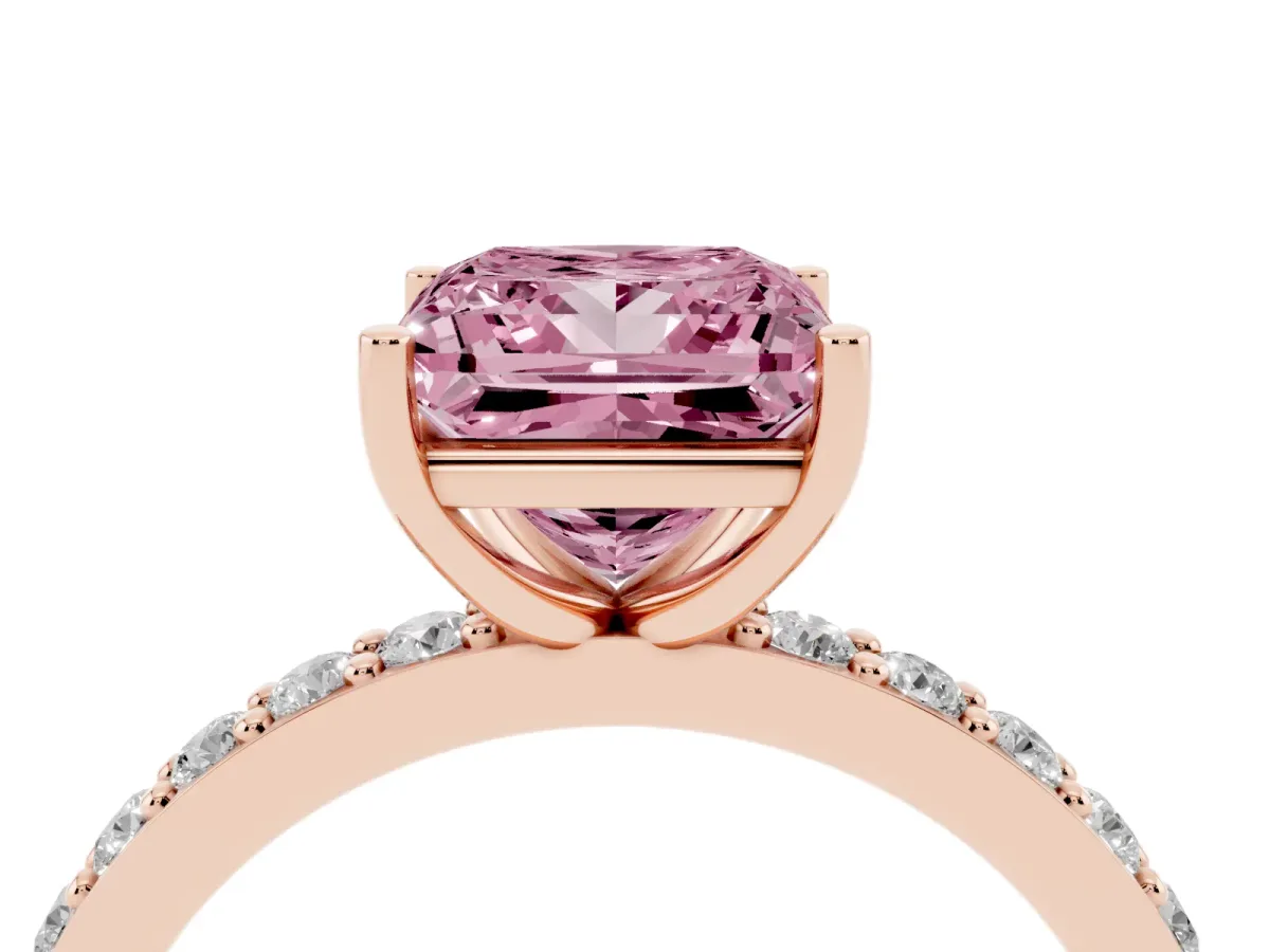 Fancy Pink Princess Cut Cut Diamond Solitaire with Pave Band and Four-Prong Setting Rose gold