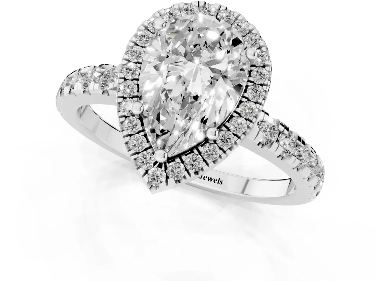 Pear Cut Diamond Halo Ring with Pavé Band and Four-Prong Setting Silver