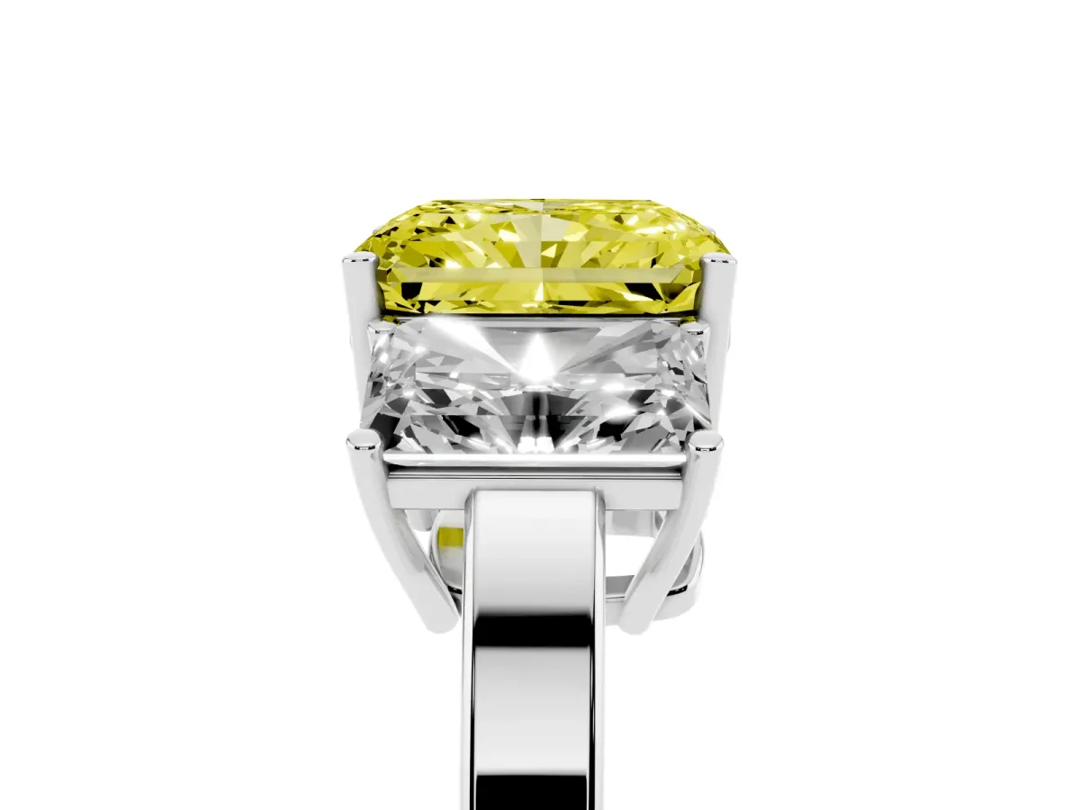 Fancy Yellow Three-Stone Radiant Cut Cut Diamond Engagement Ring with Flat Band and Four-Prong Setting Silver