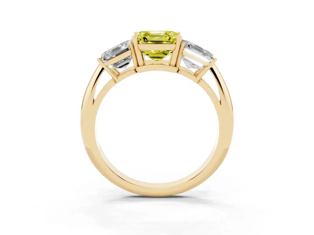Fancy Yellow Three-Stone Asscher Cut Cut Diamond Engagement Ring with Prong Setting on a White Gold Band Yellow gold