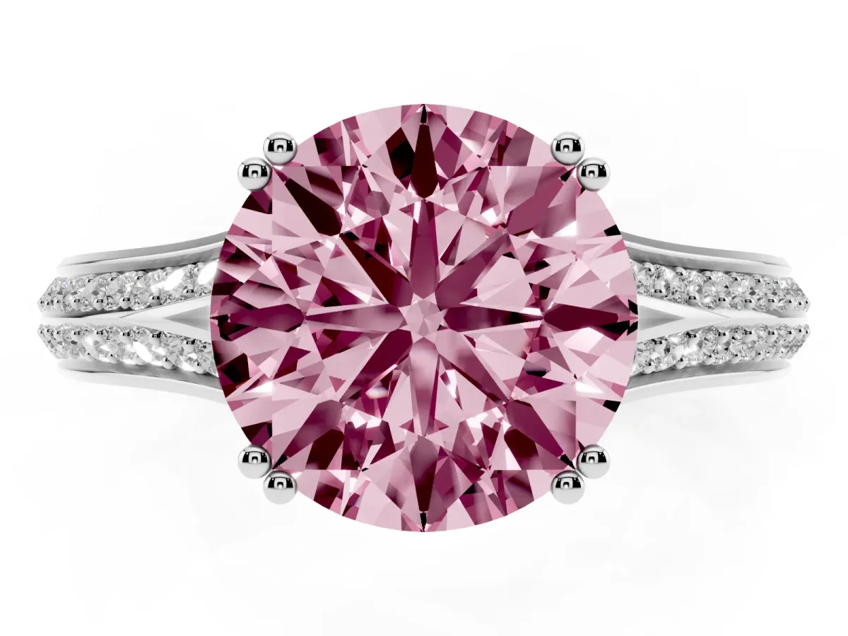 Fancy Pink Round Cut Diamond Split Shank Engagement Ring with Pavé Band Silver