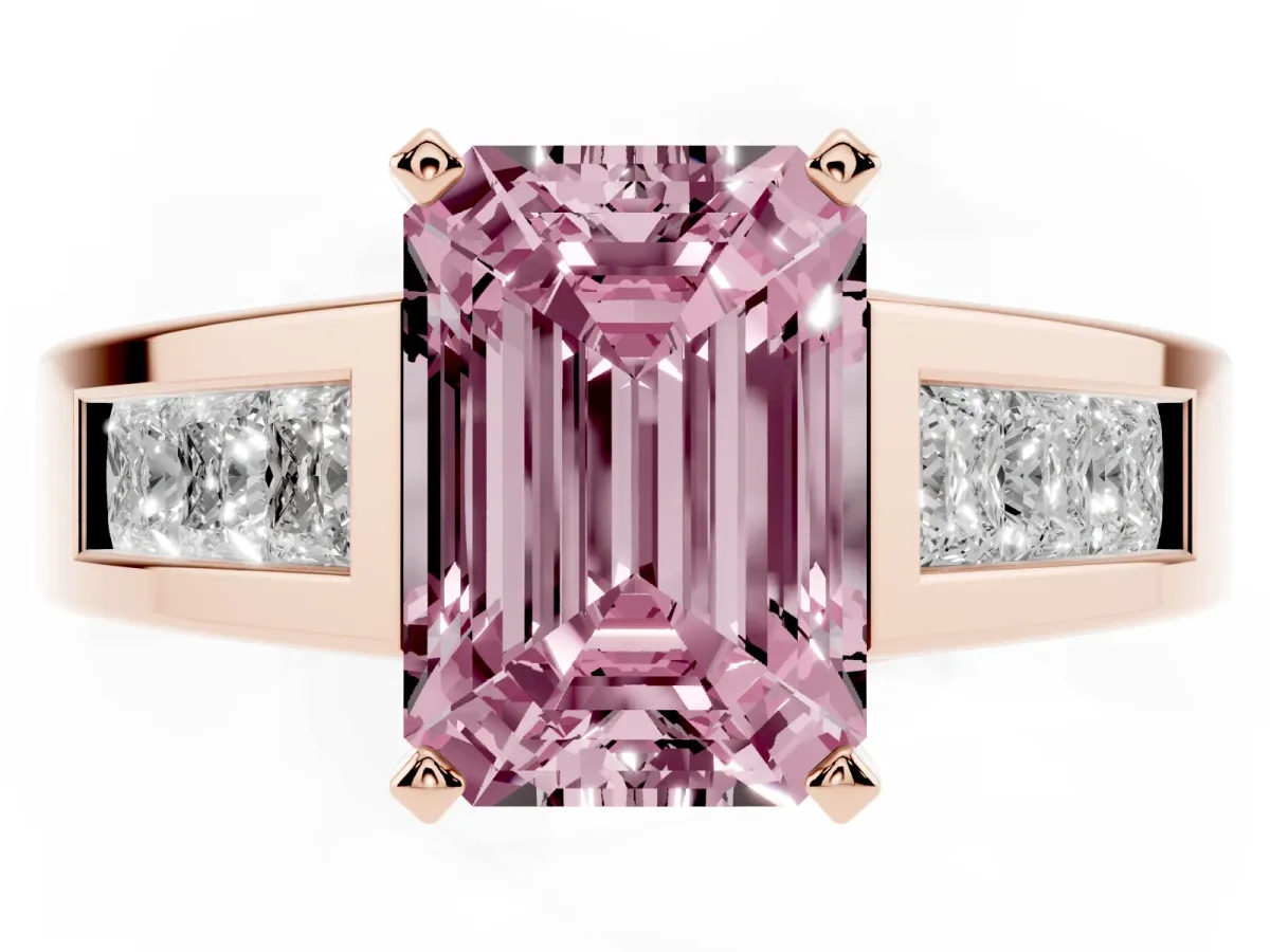 Fancy Pink Emerald Cut Cut Channel Set Solitaire Ring with Four-Prong Setting Rose gold