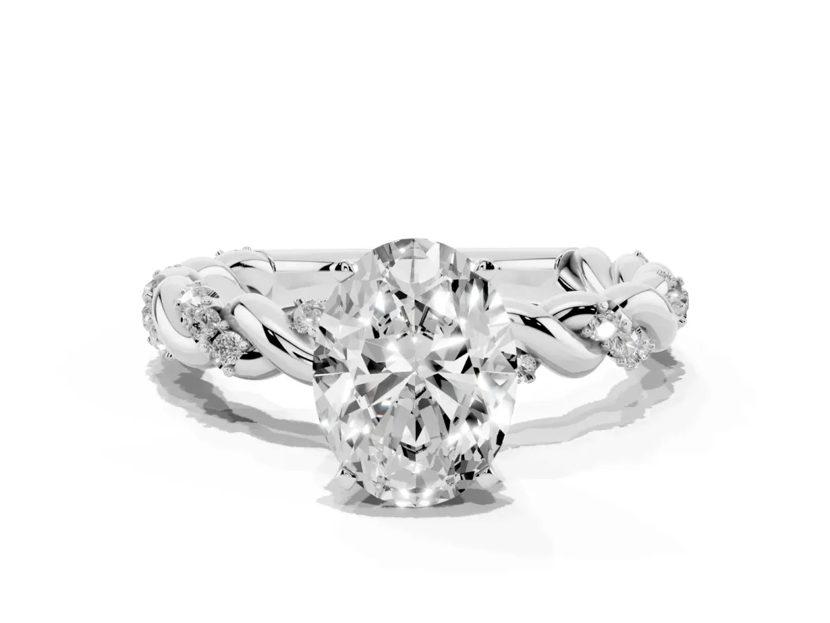 Oval Cut Diamond Solitaire Ring with Twisted Band and Pavé Accents White gold